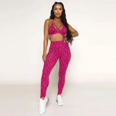 Workout Leggings and Sports Bra Yoga Set Scrunch Stripe Women Sportswear Sets