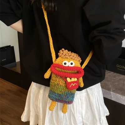 Peiquan Yarn Crochet Sausage Spout Phone Bag Handmade Woven Ugly Cute Crossbody Bag Women's Bag Children's Coin Purse