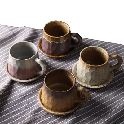 Modern Japanese Vintage Ceramic Coffee Cup Saucer Eco-Friendly Crude Pottery Mug Hand-In-Hand Creative Gift Cup Afternoon Tea