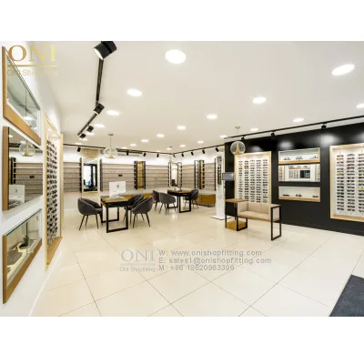 ONI Custom Design Fashion Eyewear Display Wooden Sunglasses DisplayRack Metal and Glass Material Display Shelves