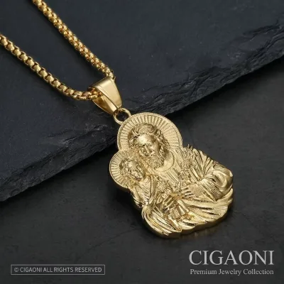Ready to Ship 316L Stainless Steel Saint Joseph and Child Jesus Necklace 18K Gold Plated Religious Tarnish Resistant Pendant RTS
