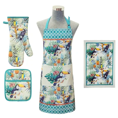100% Cotton Durable Washable Reusable Printed Flower Bird Spring Pattern Chef Cooking Bib Apron Kitchen Towel Oven Glove Pot