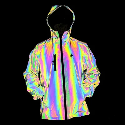 Waterproof High Visibility Reflective Jacket Iridescent Reflective Flash rainbow Colors Hooded Street Riding Luminous Jacket