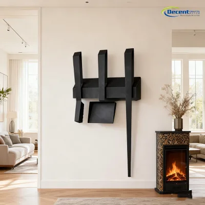 Black Wall-Mounted Fireplace Tool Set Minimalist Iron Construction Space-Saving Fireplace Accessories