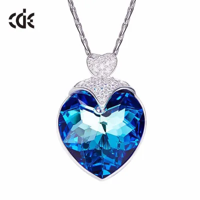 Women's Sterling Silver Rhinestone Crystal Titanic Heart of Ocean Pendant Necklace with Rhodium Plating