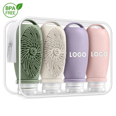 100% Leakproof Factory Custom Refillable Silicone Travel Kit Bottles ,Silicone 4 in 1 Travel Bottle Dispenser with Scalp Brush