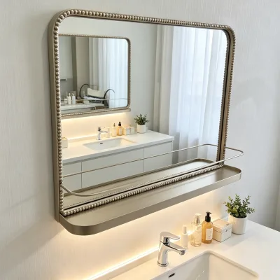 Brushed Gold Beaded Metal Frame Wall Mounted Bathroom Mirror with Integrated Storage Shelf and Towel Bar
