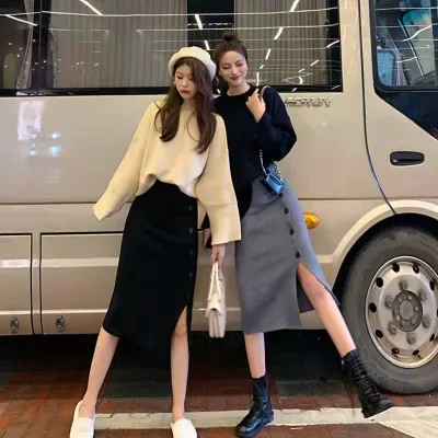 Autumn College Style Solid Color Slim Knit Button Pullover Long Sleeve Neck Loose Casual Women Split Two-piece Chiffon Skirt