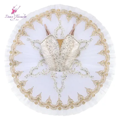B22510 New Professional Ballet Tutu Pancake Tutu Ivory Top with White Tulle Gold Trim Decorated Ballet Tutu