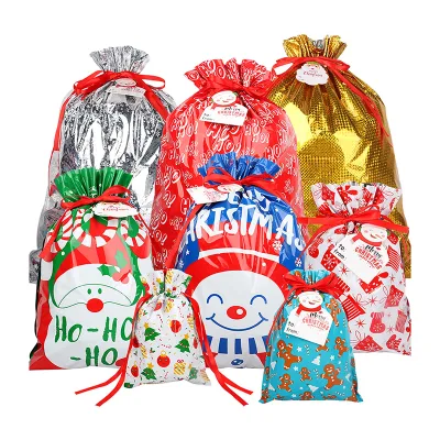 Custom Logo Design Pattern Large Small Reusable Xmas Party Gift Bag Merry Christmas Candy Cookie Food Drawstring Bags Bulk