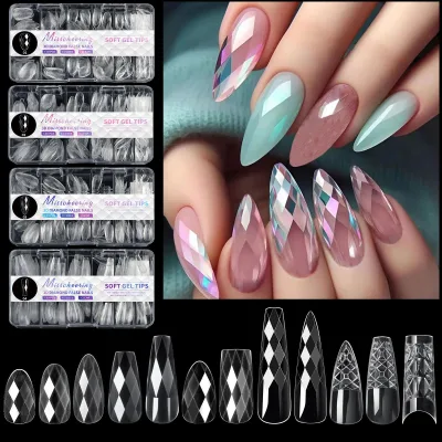 High Quality Long Sculpted Reusable 120Pcs 3D Rhomboid Almond/Square/Coffin Tips Nails Full Cover Soft Gel Nail Tips 12 Sizes