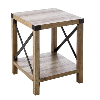 2 Tier Farmhouse Gray Square Night Stand Wooden Coffee Tables and Side Tables