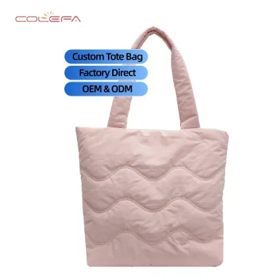Soft Tote Bag for Women Commuting & Study Use Lightweight Nylon+Cotton-Filled Shoulder Tote Bag Solid Color Waterproof Handbag