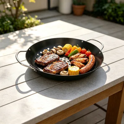 Round Non-Stick BBQ Grill Pan with Dual Handles Perforated Metal Barbecue Wok for Vegetables Meat Seafood Outdoor Cooking