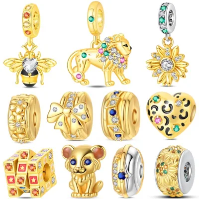 Hot Sale 925 Silver Gold-plated Series Lion Bee Sunflower Heart Pendant DIY Bead Bracelet Accessories Charms Women Jewelry Gift