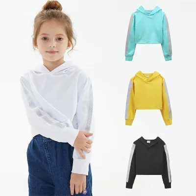 Custom Short Design Children Shiny Striped Pullover Hoodies Cotton Crop Top Hoodies for Kids Girls