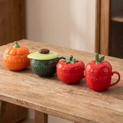 Wholesale Ceramic Novelty Fruit Mug Set Bulk Coffee Cup Avocado Pumpkin Tomoto With Spoon Gift