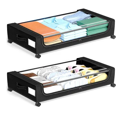 Custom Foldable Polyester Fabric Storage Bag with PVC Window for Household Use Moisture-Proof Clothing Sorting Bag with Wheel