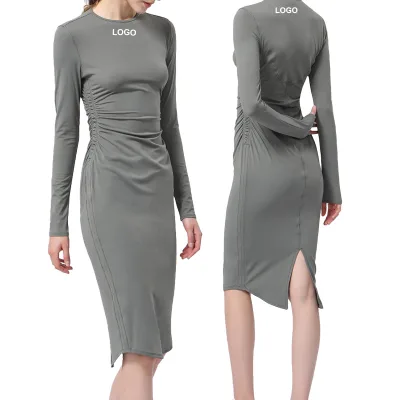 2386 Fashion Yoga Long Sleeve Dress Waist Slimming Bottom Split Women One-piece Dress Activewear