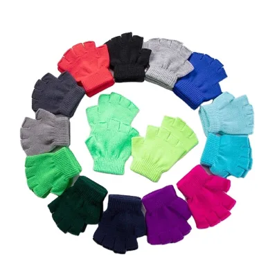 Cheap Children Fingerless Gloves Half Finger Winter Solid Color Knitted for Boys and Girls Outdoor Sports Cycling