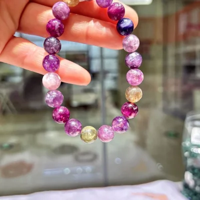 Hot Sale Eco-Friendly Natural Flashy Colorful Emerald Crystal Halloween Cherry Blossom Pink Mica Multicolor Lepidolite Bracelet