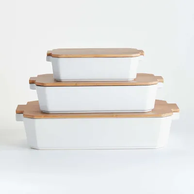 Rectangle Set of 3 Stoneware White Baking Dishes with Bamboo Lid