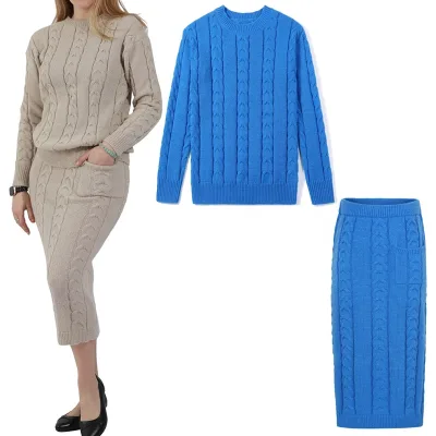 Womens Two Piece Skirt Sets Oversized Chunky Knit Sweater Suit Stretch Knitwear Dress White Tracksuit Winter Clothes