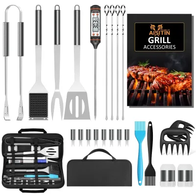 23Pcs Stainless Steel BBQ Grill Tool Kit with Thermometer Spatula Tongs Skewers Case, OEM Custom Logo Set