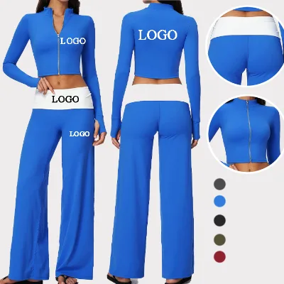 Stand Collar Zip up Cropped Yoga Sets Soft Fold Over Waist Womens Gym Set Long Sleeve Color Blocking Wide Leg Yoga Sets