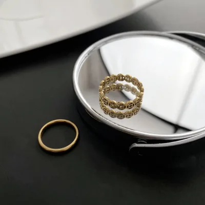 Vintage Copper Coin Style Gold Plated Titanium Steel Twin Set Rings Minimalist tide Plain Thin Rings