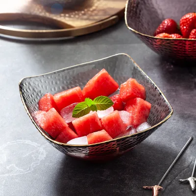 Unique Designed 5.5inch 6.5inch 7.25inch Gold Rim Household Banquet Square Salad Glassware Transparent Fruit Salad Glass Bowl