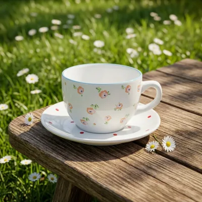 White Flower Printing 150ml Small Ceramic Coffee Cup and Saucer Set