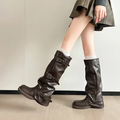Womens Buckle Boots Microfiber Leather Slouch Shaft EVA Midsole Rubber Sole for Casual Streetwear and Daily Wear for Women