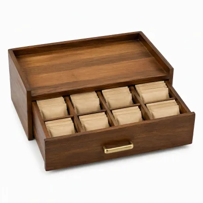 Wooden Tea Box Tea Bag Organizer 8 Compartments Solid Wood Tea Chest Custom Logo Engraving Wood Box with Tray and Drawer