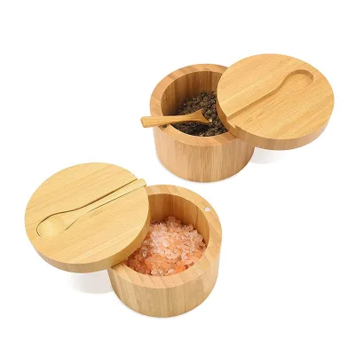 Bamboo Salt Cellar With Mini Spoon, Kitchen Salt Box With Swivel Magnetic Closure Lid, Round Salt Container for Pepper Spice