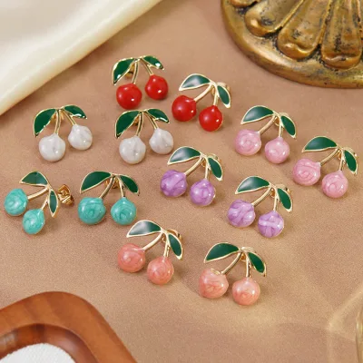 Wholesale Sweet Ladies' Oil-dripping Fruit Earrings Fashionable Versatile Stainless Steel Cherry Stud Earrings Jewelry for Women