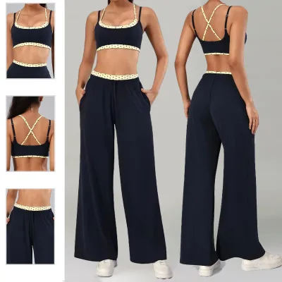 Workout 2 in 1 Bra Contrast Strap Spot Pattern Polka Dots Flared Pant Tummy Control Pocket Casual Wide Leg Double Layer Yoga Set