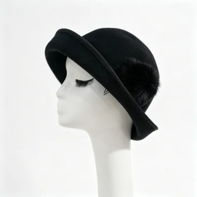 2026 Autumn Winter New Arrival Round Crown Upturned Brim Wool Felt Hat Vintage Women Church Hat with Fur Ball
