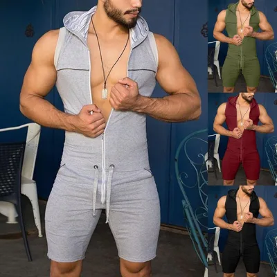 Men Short Jumpsuit Tight Sleeveless Bodysuit Zipper Hooded Rompers Short Pants Casual Home Wear Tracksuit Pajamas
