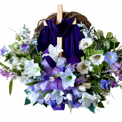 Faux Easter Wreath Wooden Cross Purple Drape White Lilies Spring Wreath Religious Decor Lavender Flowers for Front Door Home