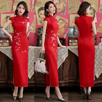Top Quality Elegant Banquet Plus Size Evening Bridesmaid Wedding Dress for Women Embroidered Silk Chinese Qipao Cheongsam