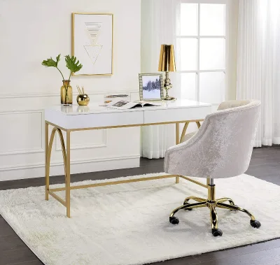 Vanity Desk in White High Gloss & Gold Finish