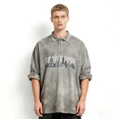 OEM Custom Long Sleeve Print Knitted Casual Embroidered Breathable 240 Grams Acid Wash Men's Polo Shirts