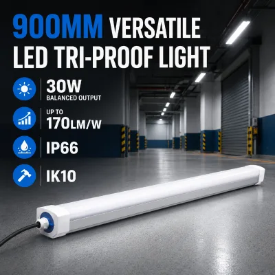 900mm 30W Versatile LED Tri-Proof Light IP66 Waterproof Batten 5-Year Warranty for Parking Garages Workshops Industrial Aisles