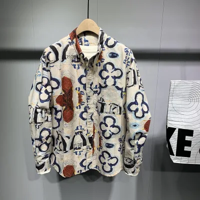 2026 Retro Full-length Printed Men's Long-sleeved Shirt Autumn New Korean Style Loose Fashionable Distinctive Polo Shirt
