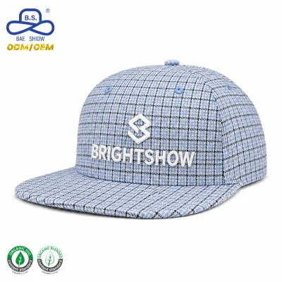 Wholesale Blue Plaid Grid Pattern 3D Embroidery Flat Brim Snapback Baseball Cap Streetwear Headwear Bulk Supply ODM OEM