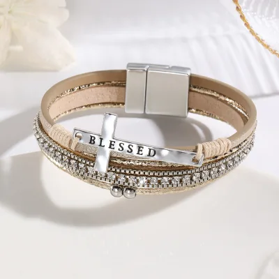 Bohemian Multi Layer PU Leather Bracelet Micro Paved Rhinestone Cross BLESSED Magnetic Clasp Bangle Religious Women Jewelry