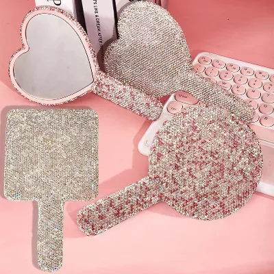 Hot Sale Handheld Mirror Cosmetic Mirror Customized Logo Luxury Shiny Sparkling Diamond Hand Held Makeup Mirror
