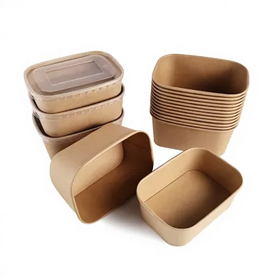 Disposable Rectangular Kraft Paper Bowl Takeaway Snacks Bento Fruit Salad Packing Lunch Box Lid Laminated Oil-Proof Paper Box