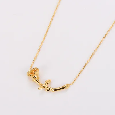 Stainless Steel 18K Gold Plated Vintage 3D Horizontal Rose Pendant Necklace Romantic Floral Jewelry Gift for Women